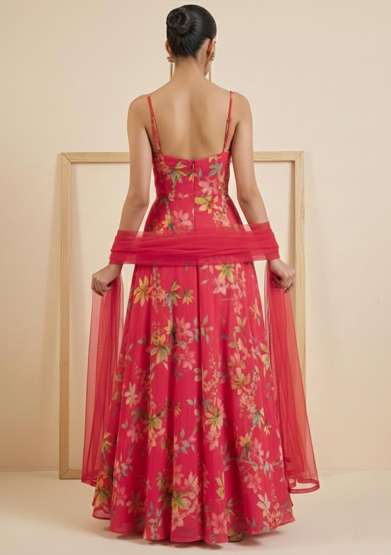 Cherry Red Floral Print Georgette Anarkali With Dupatta - Indya