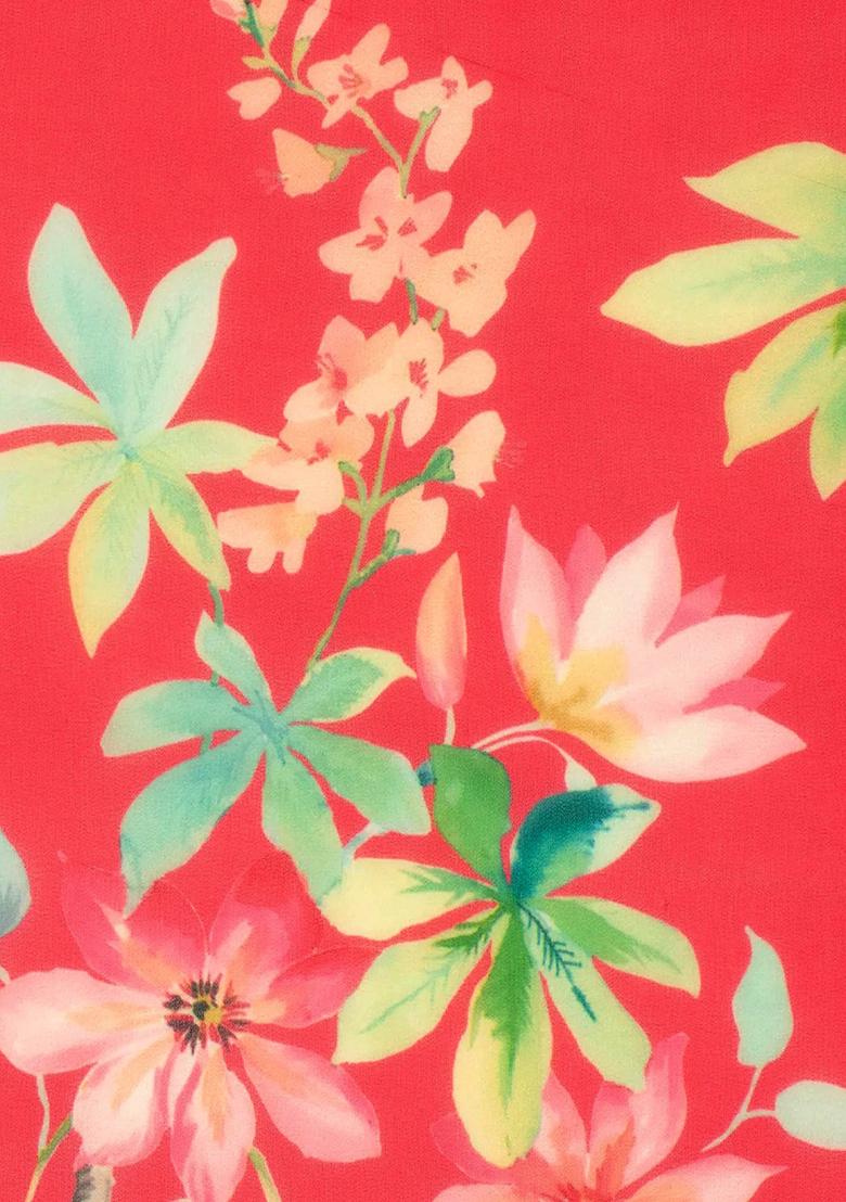 Cherry Red Floral Print Georgette Anarkali With Dupatta - Indya