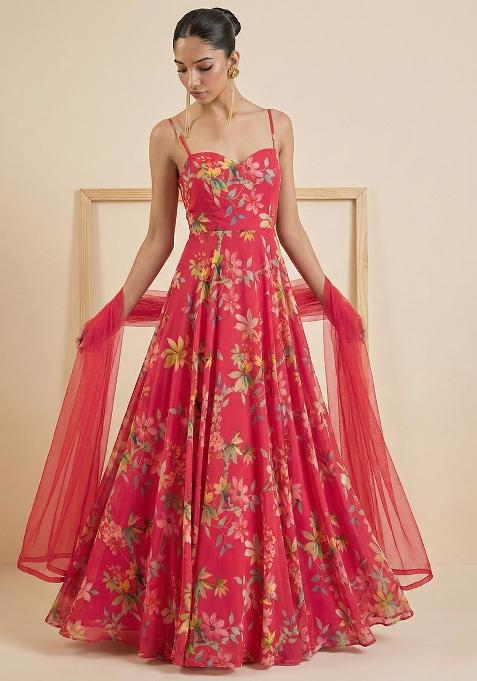 Cherry Red Floral Print Georgette Anarkali With Dupatta