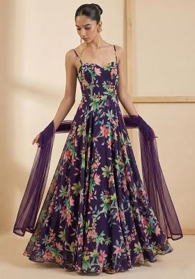 Purple Floral Print Georgette Anarkali With Dupatta