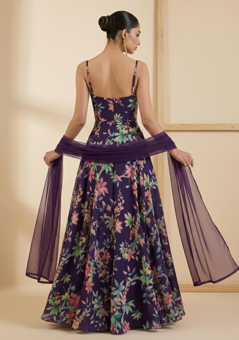 Purple Floral Print Georgette Anarkali With Dupatta - Indya