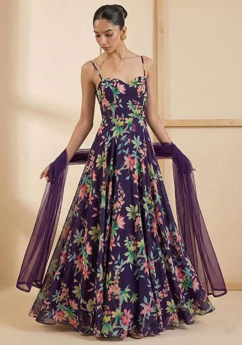 Purple Floral Print Georgette Anarkali With Dupatta