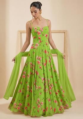 Lime Green Floral Print Georgette Anarkali With Dupatta