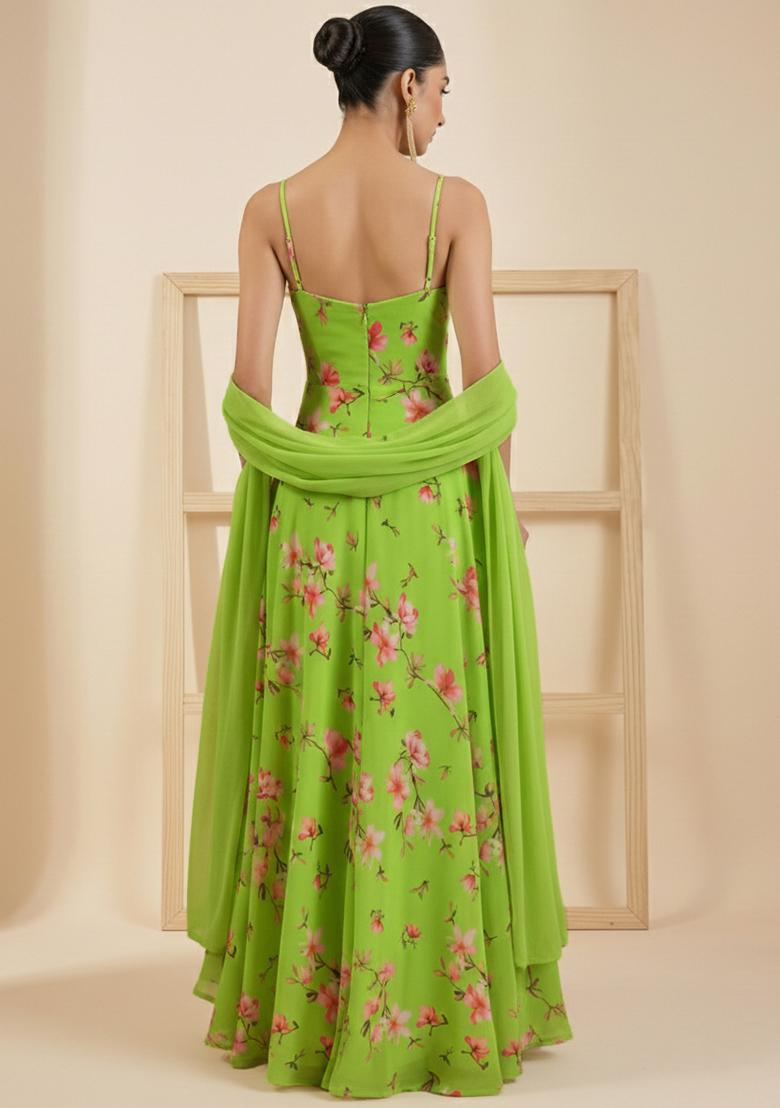 Lime Green Floral Print Georgette Anarkali With Dupatta - Indya