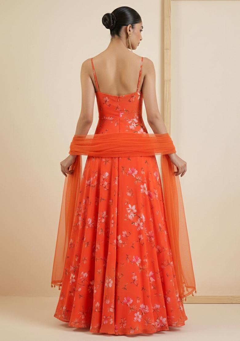 Orange Floral Print Georgette Anarkali With Dupatta - Indya