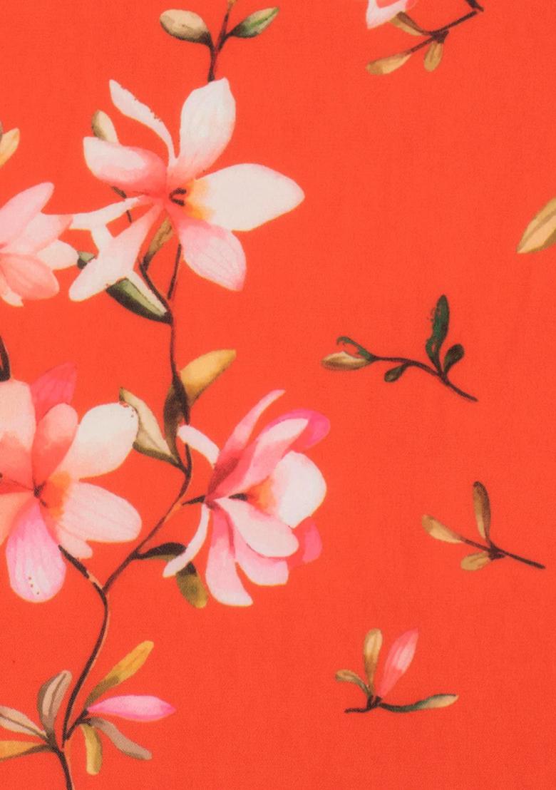 Orange Floral Print Georgette Anarkali With Dupatta - Indya