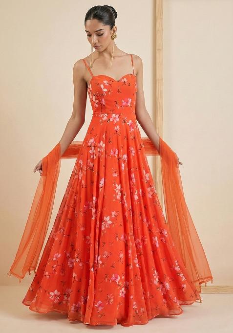 Orange Floral Print Georgette Anarkali With Dupatta