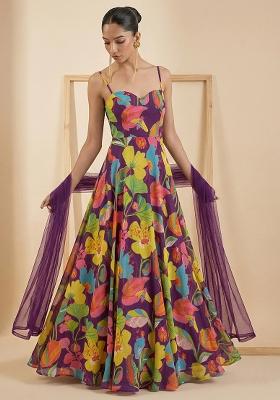 Purple Floral Print Georgette Anarkali With Dupatta