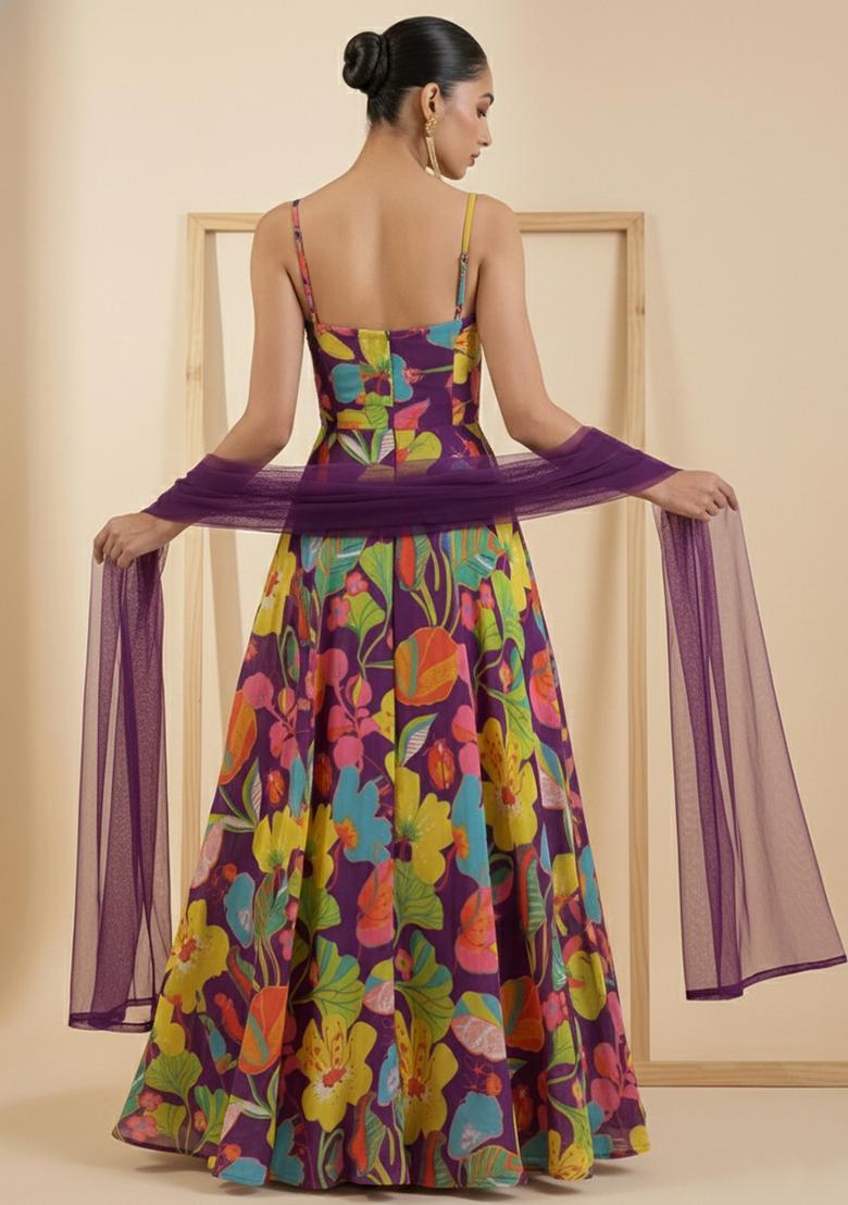 Purple Floral Print Georgette Anarkali With Dupatta - Indya