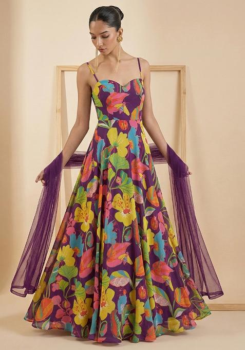 Purple Floral Print Georgette Anarkali With Dupatta