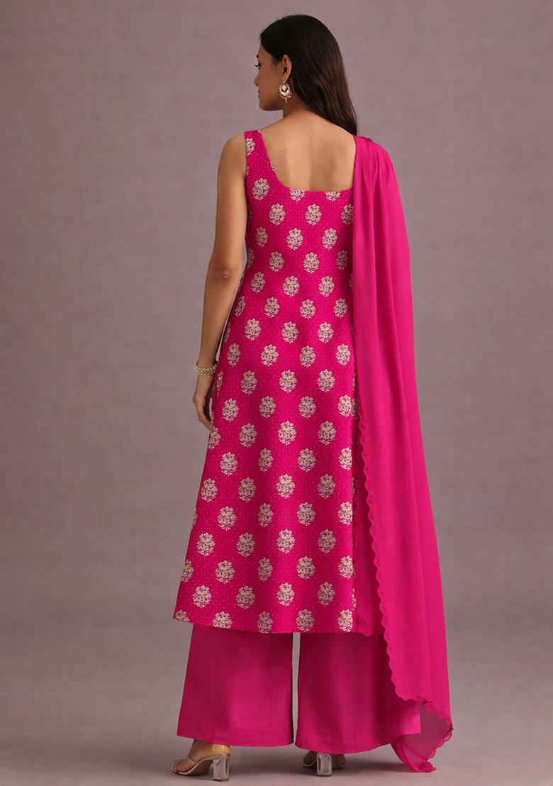 Pink Embroidered Georgette Kurta Set - Indya