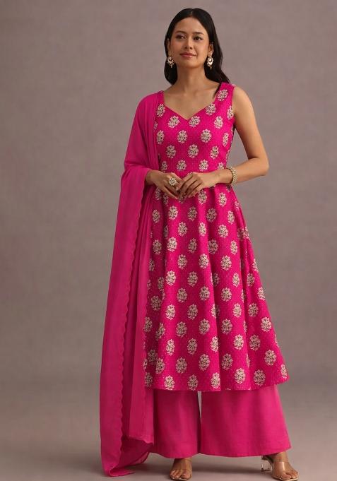 Pink Embroidered Georgette A Line Kurta Set