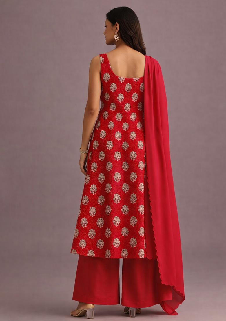 Red Embroidered Georgette Kurta Set - Indya