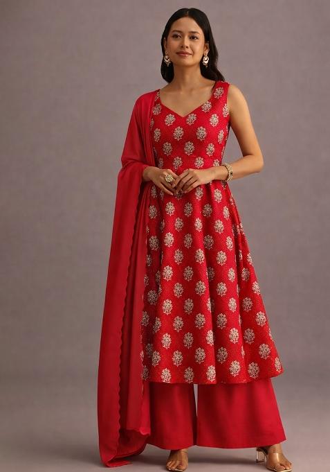 Red Embroidered Georgette A Line Kurta Set