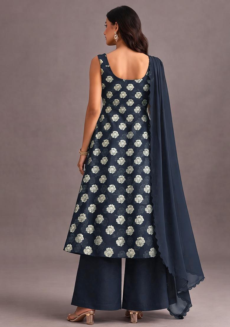 Black Embroidered Georgette Kurta Set - Indya