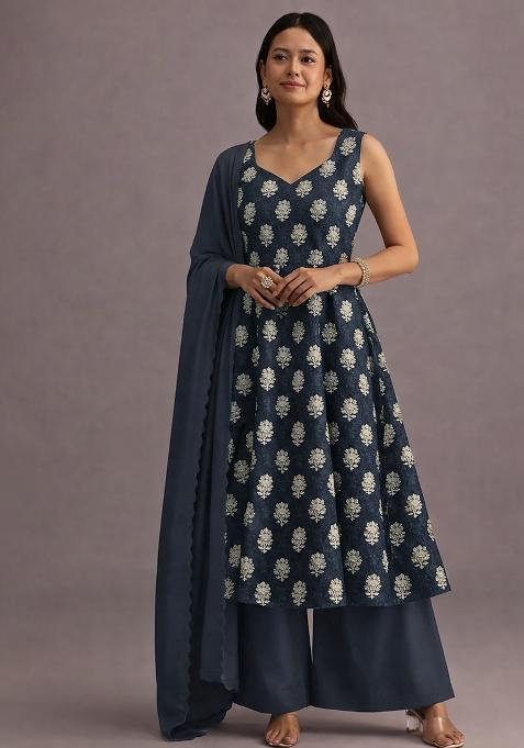 Black Printed Georgette A Line Kurta Set