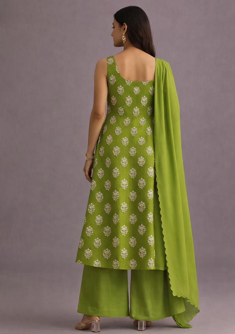 Parrot Green Embroidered Georgette Kurta Set - Indya