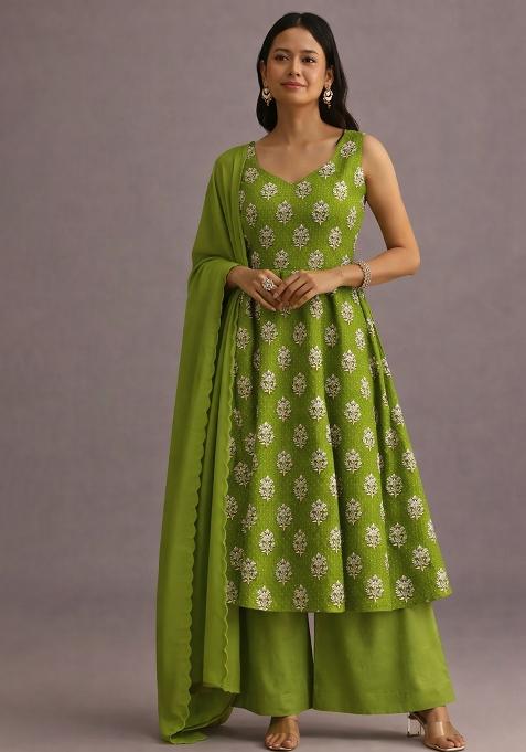 Parrot Green Printed Georgette Sharara Set