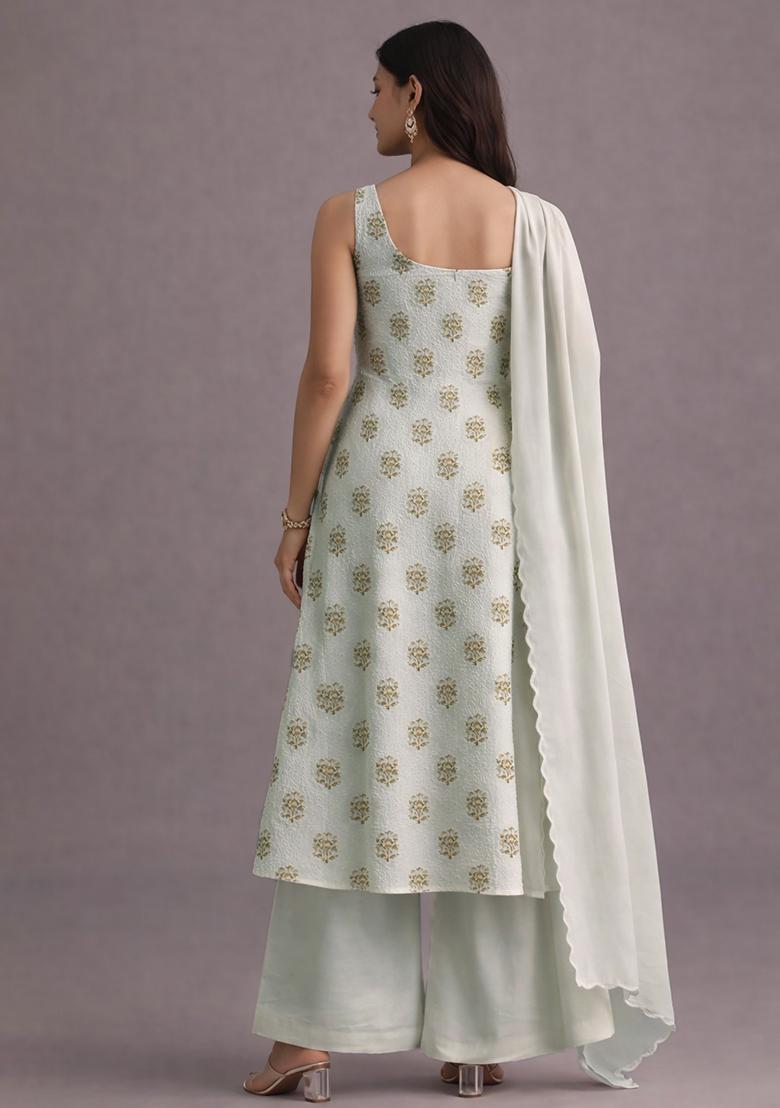 White Embroidered Georgette Kurta Set - Indya