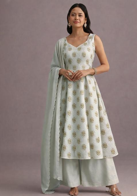 White Embroidered Georgette A Line Kurta Set