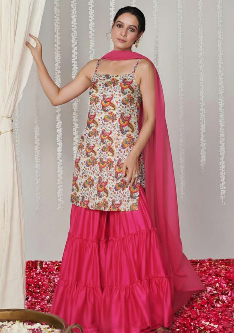 Pink Floral Print Crepe Sharara Set - Indya