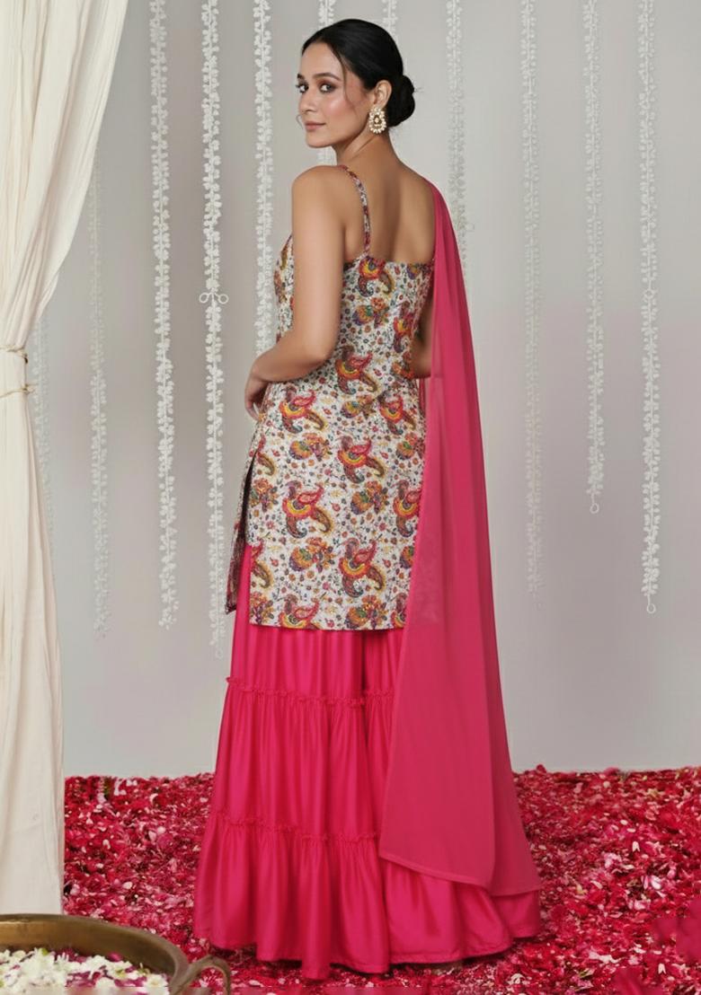 Pink Floral Print Crepe Sharara Set - Indya