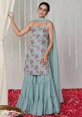 Powder Blue Floral Print Crepe Sharara Set