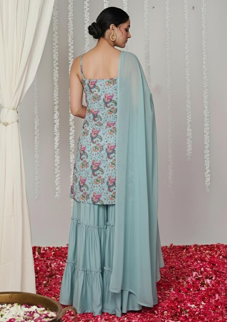 Powder Blue Floral Print Crepe Sharara Set - Indya