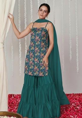 Bottle Green Floral Print Crepe Sharara Set