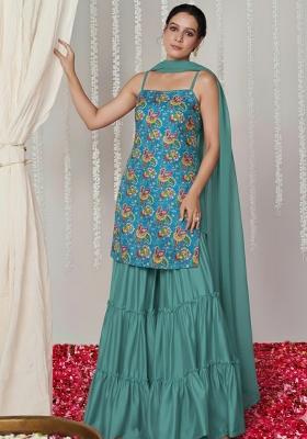 Teal Green Floral Print Crepe Sharara Set