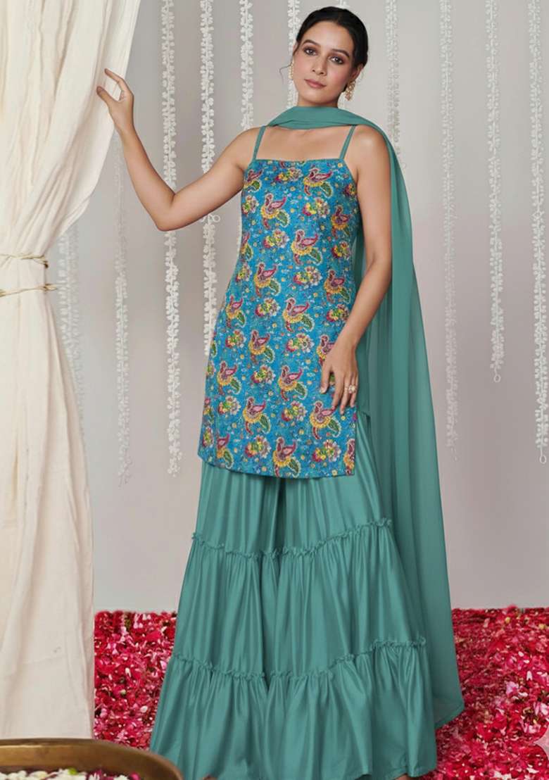 Teal Green Floral Print Crepe Sharara Set - Indya
