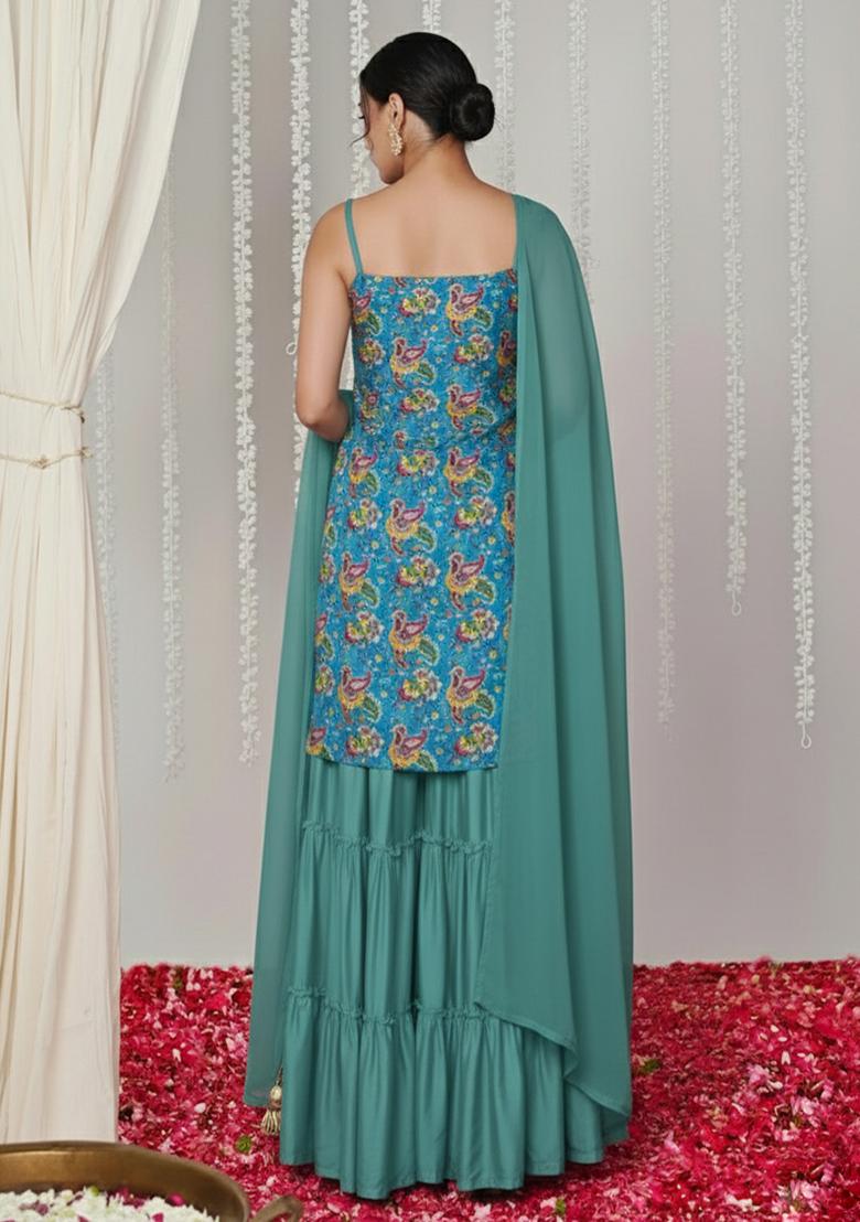 Teal Green Floral Print Crepe Sharara Set - Indya