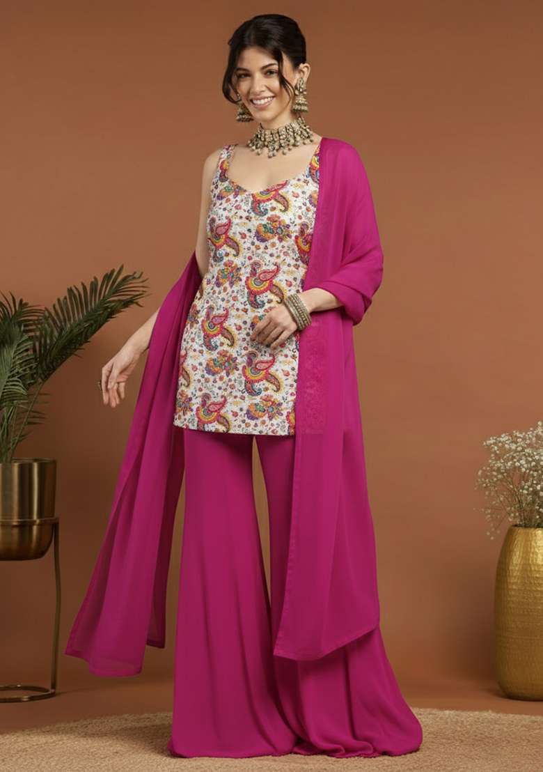 Pink Floral Print Crepe Sharara Set - Indya