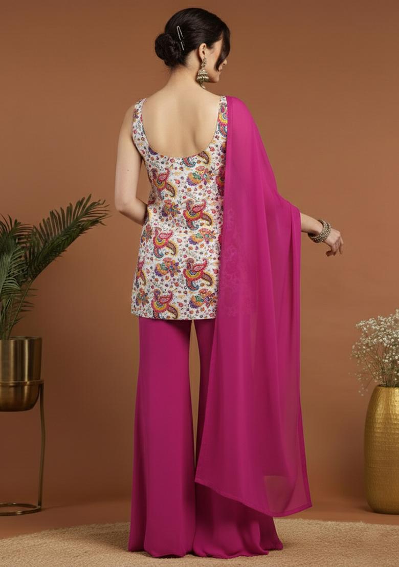 Pink Floral Print Crepe Sharara Set - Indya