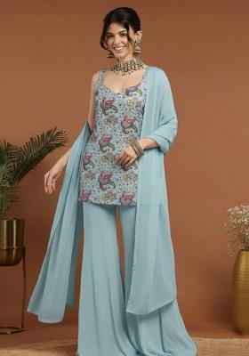 Powder Blue Floral Print Crepe Sharara Set