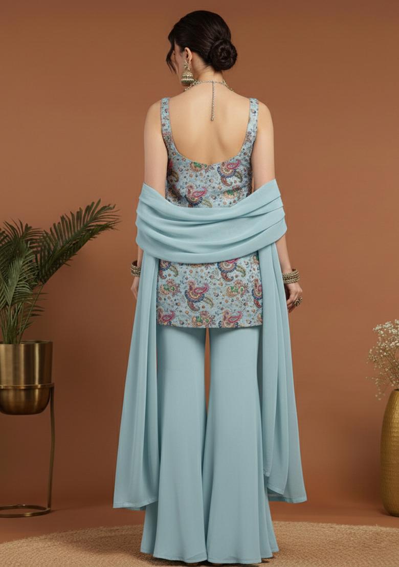 Powder Blue Floral Print Crepe Sharara Set - Indya