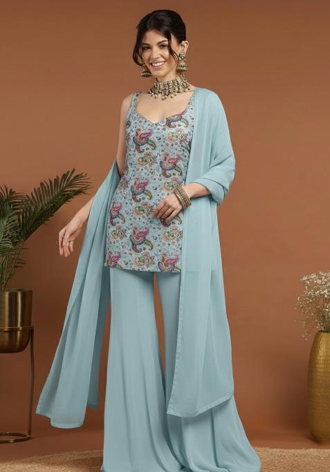 Powder Blue Floral Print Crepe Sharara Set