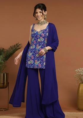 Navy Blue Floral Print Crepe Sharara Set