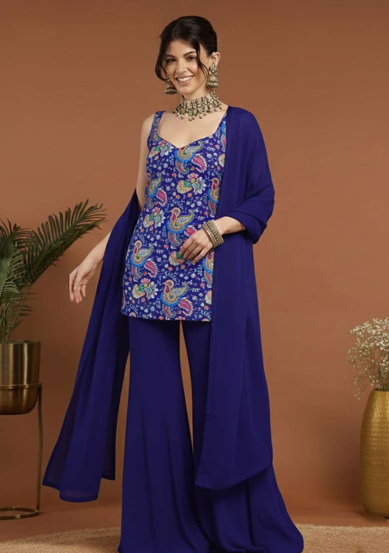 Navy Blue Floral Print Crepe Sharara Set - Indya