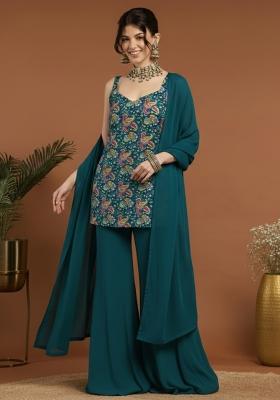 Bottle Green Floral Print Crepe Sharara Set