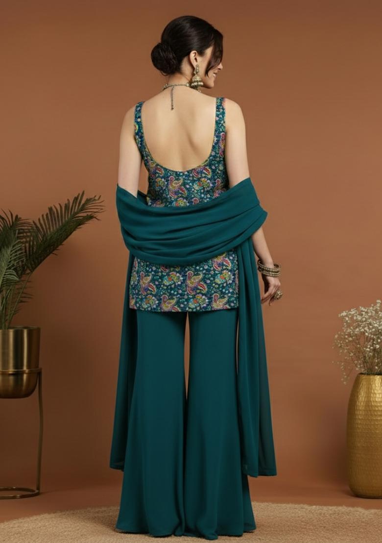 Bottle Green Floral Print Crepe Sharara Set - Indya