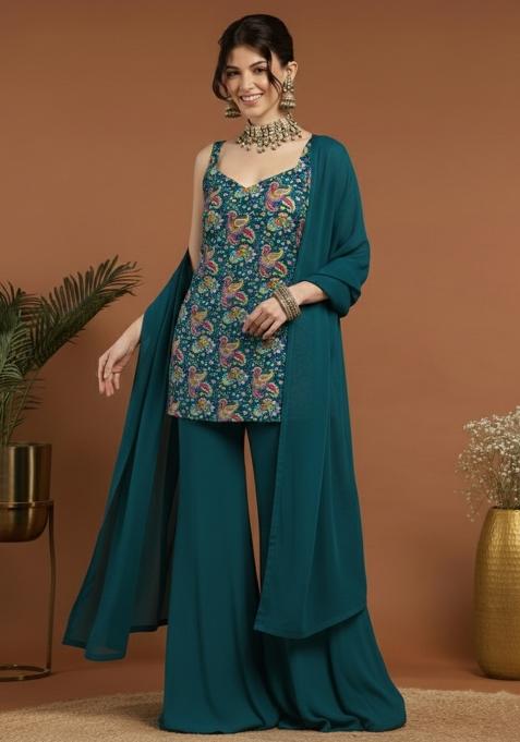 Bottle Green Floral Print Crepe Sharara Set