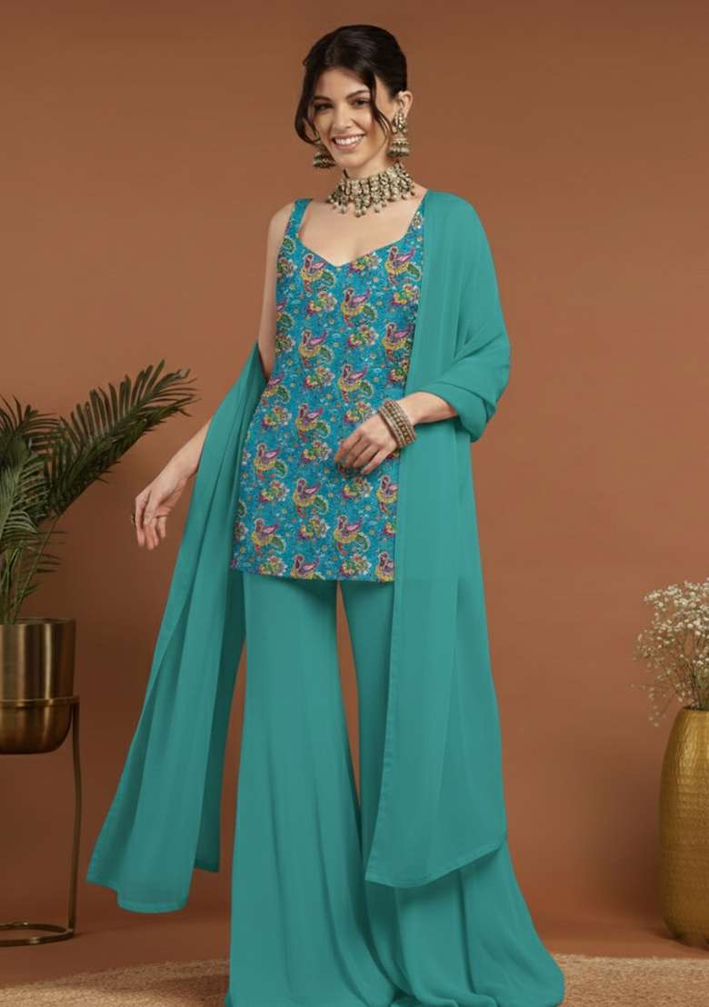 Teal Blue Floral Print Crepe Sharara Set - Indya
