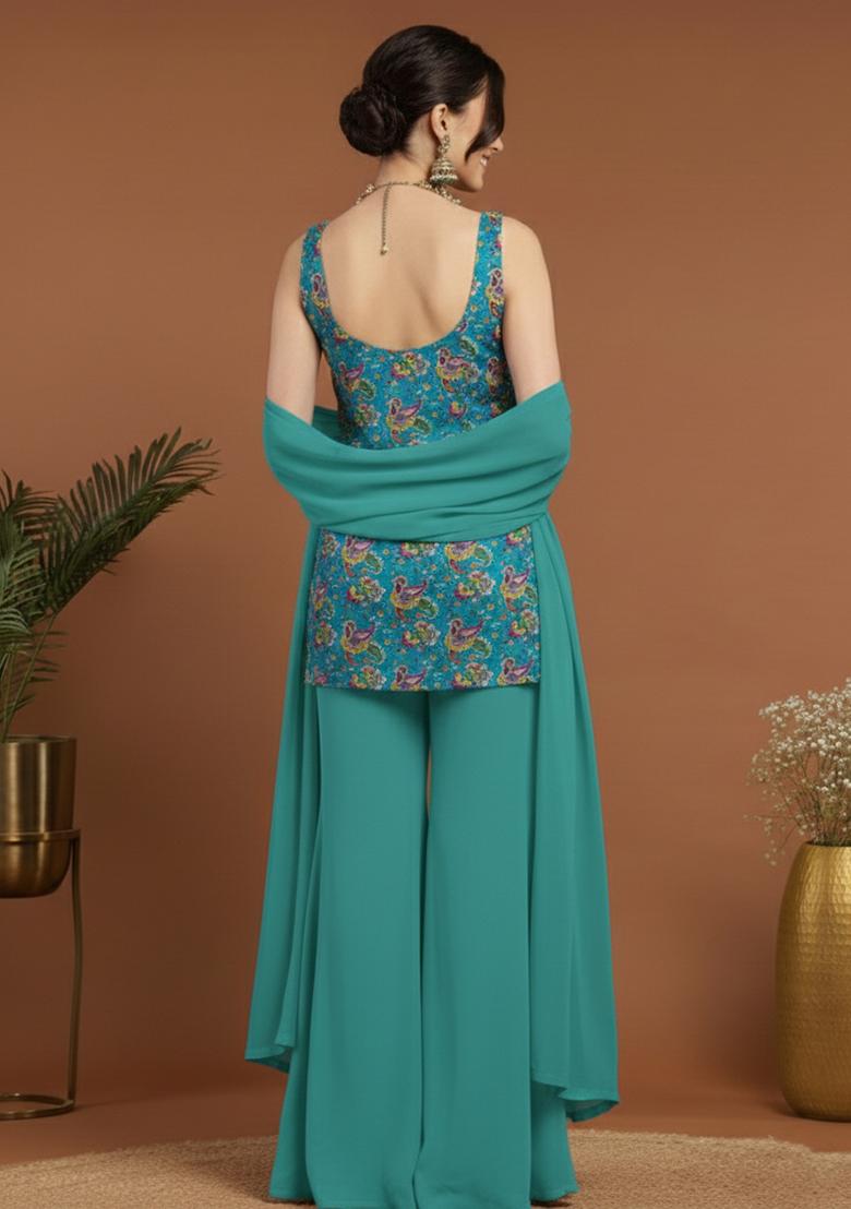 Teal Blue Floral Print Crepe Sharara Set - Indya