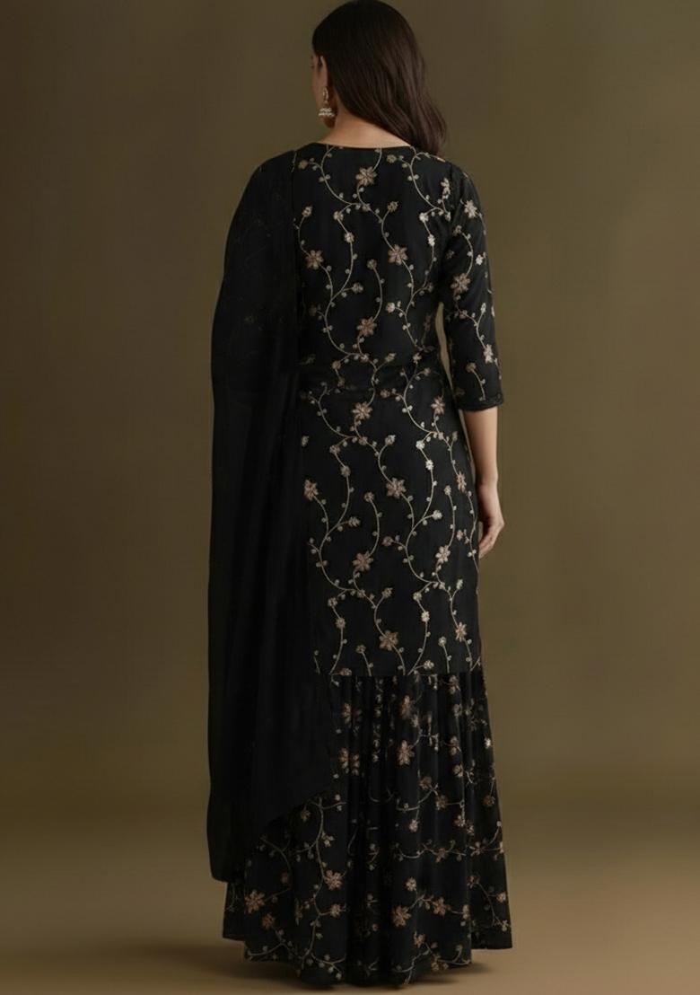 Black Sequin Crepe Sharara Set - Indya