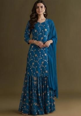 Blue Sequin Crepe Sharara Set