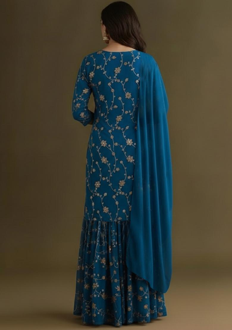 Blue Sequin Crepe Sharara Set - Indya