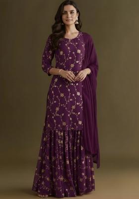 Purple Sequin Crepe Sharara Set