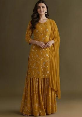 Mustard Sequin Crepe Sharara Set
