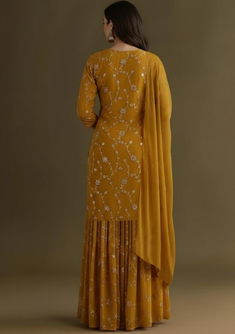 Mustard Sequin Crepe Sharara Set - Indya